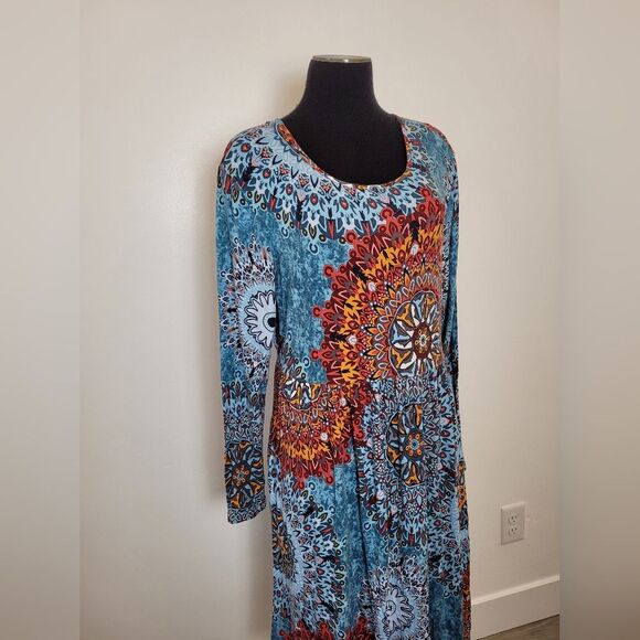 Boho Midi Dress Jersey Knit Colorful Geo Indie Casual Hippie Gypsy Pockets XL - Picture 3 of 11